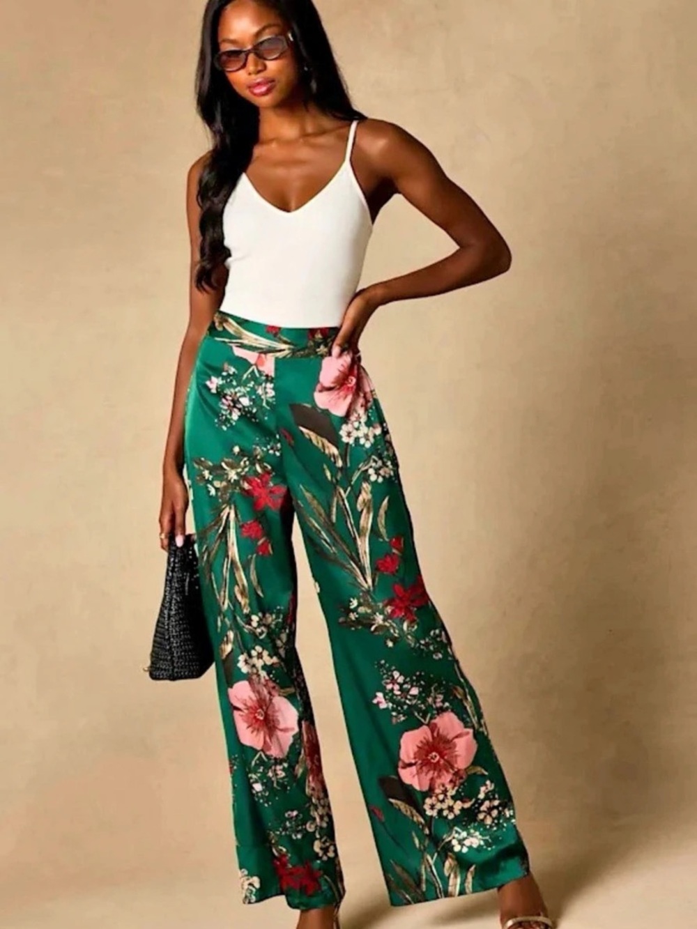 NEVER WORN Lulus Thriving Vibes Green Floral Print Satin Wide-Leg Pants